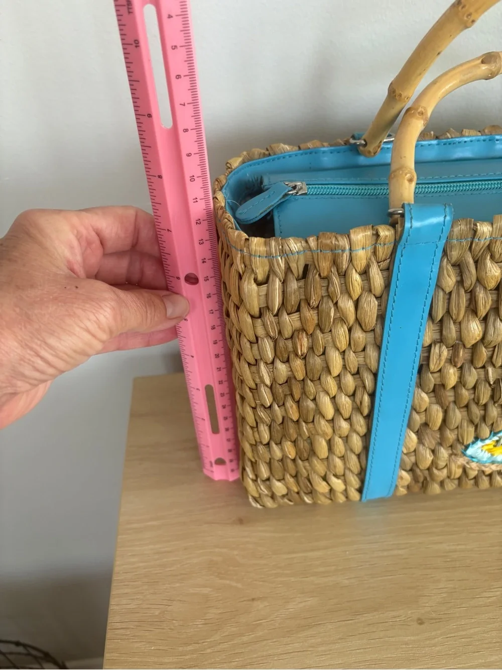 STRAW TOTE Woven with Turquoise Trim and Sequin Flip Flop